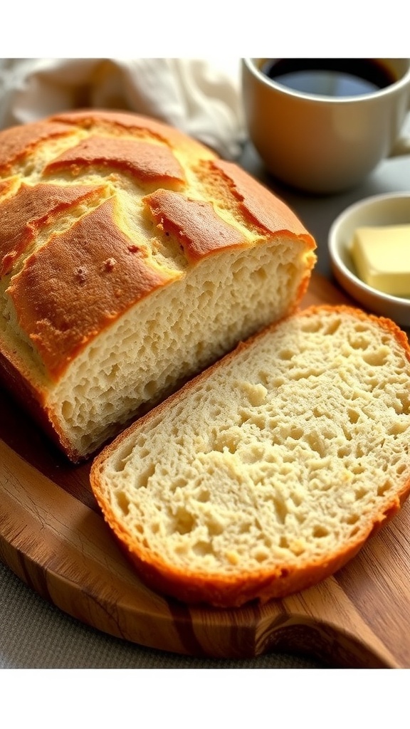 Homemade Breakfast Bread Recipe A loaf of homemade breakfast bread sliced on a cutting board with butter and coffee.